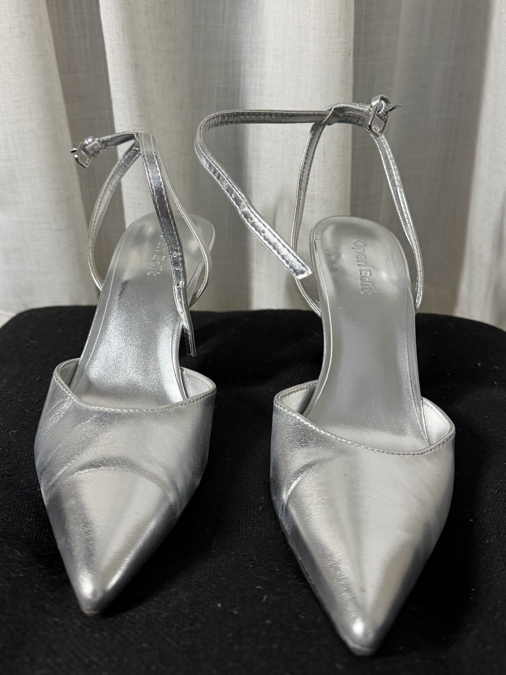 Open Edit Silver Pointed-Toe Ankle-Strap Heels